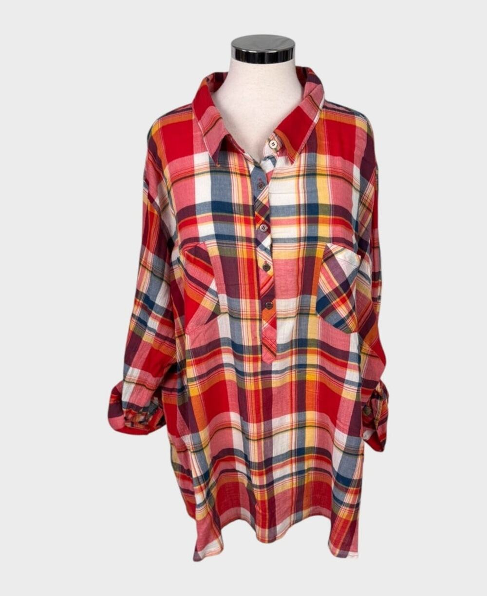 Catherine's 5X Plaid Half Button Front Cotton Shirt Roll Up Sleeves